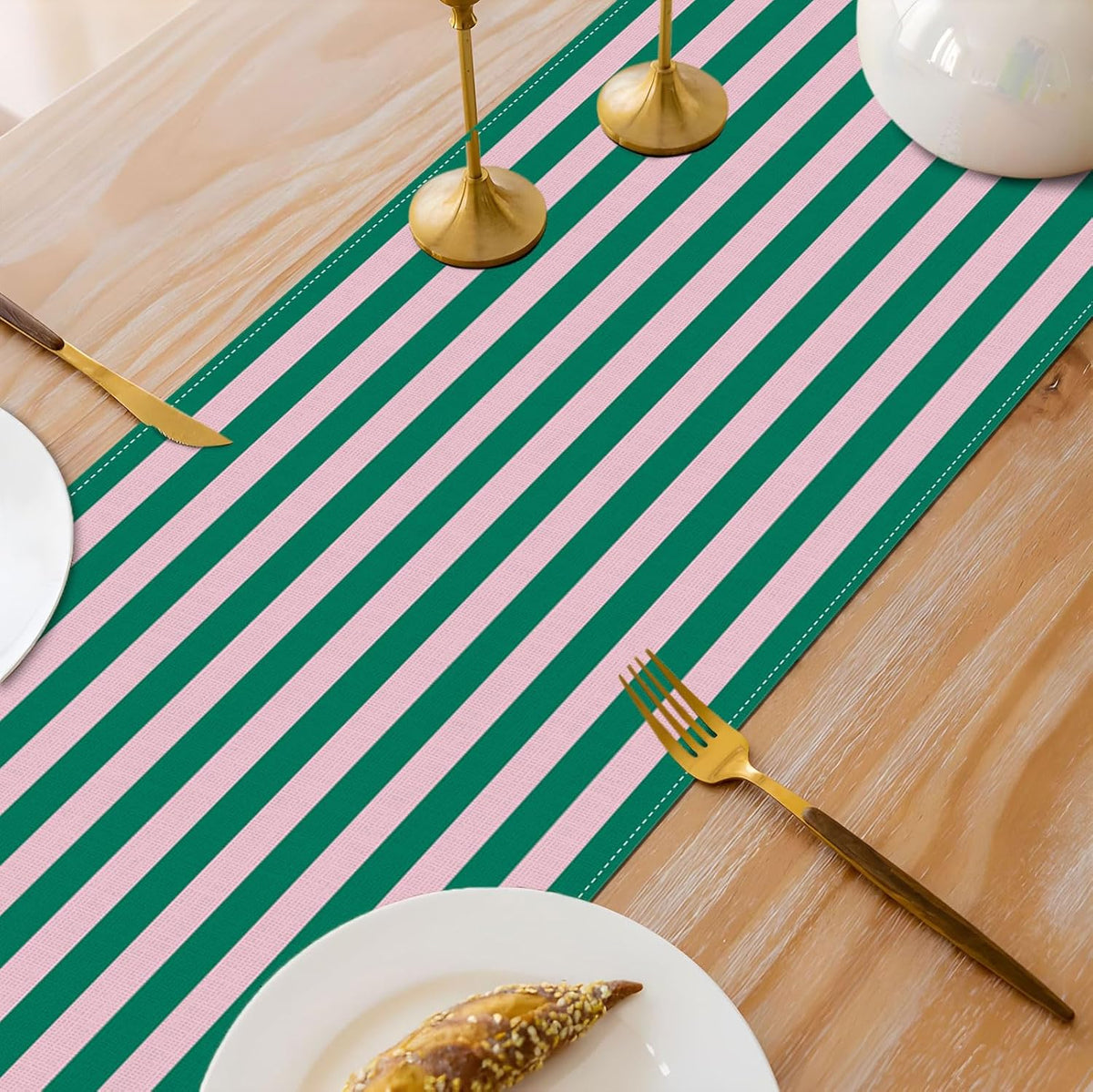 Light Pink and Green Cabana Stripe Table Runner Summer Pool Kids Birthday Baby Shower Wedding Party Decoration Home Kitchen Dining Room Table Decor (Green, 13" x 72")