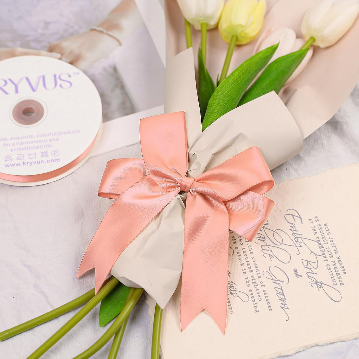 Peach Satin Ribbon, Double Faced 1-1/2 Inch X 25 Yards Peach Ribbon, Premium Satin Ribbons for Gift Wrapping, Crafts, Hair Bow Making, Sewing, Flower Bouquet, Wedding Party Decor