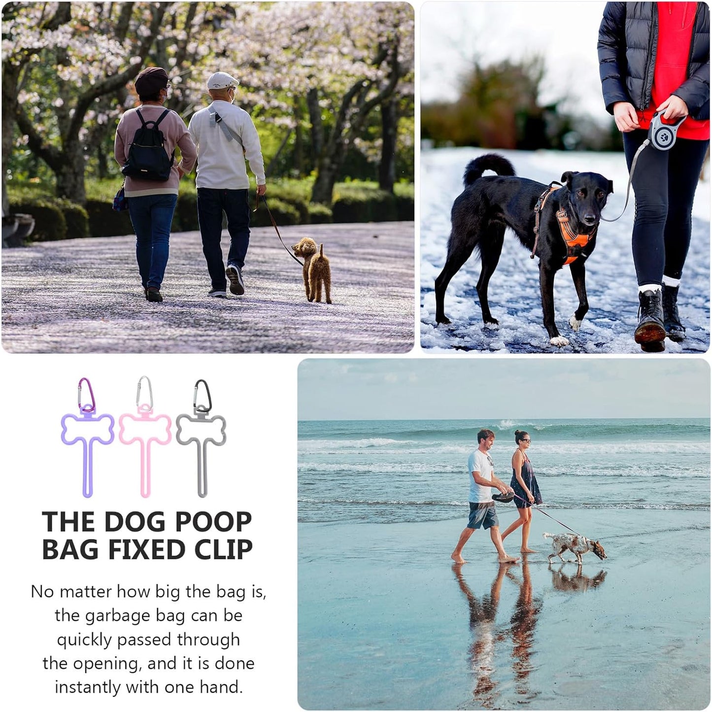 3pcs Dog Waste Bag Holder Clips Hands-free Knot Fixing Portable Pet Poop Bag Leash Carrier for Walking Dogs with Pink, Purple, and Gray