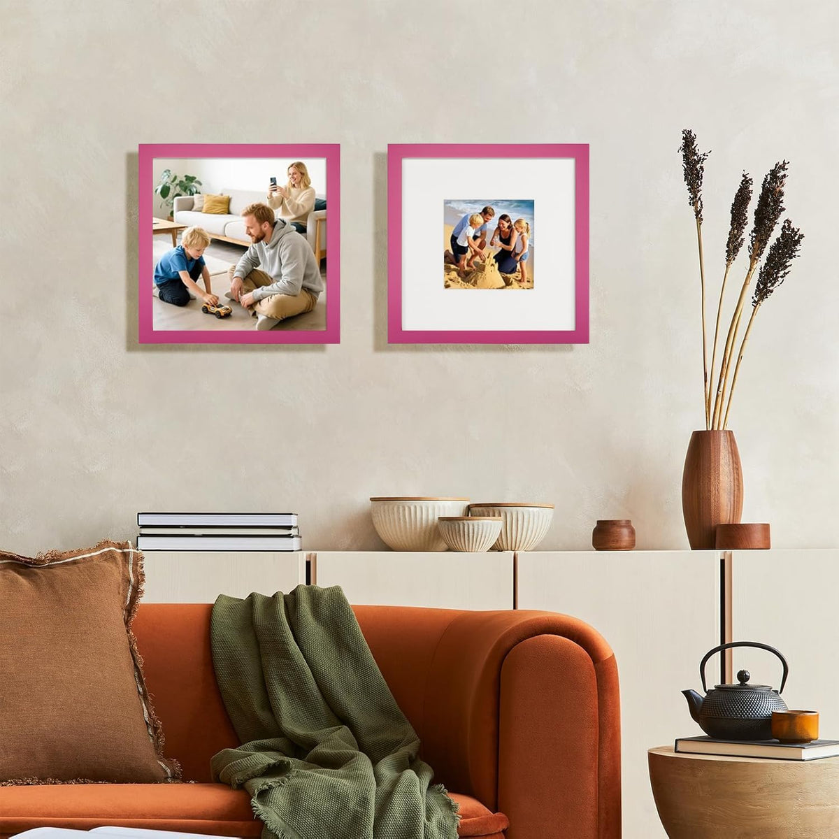 8x8 Picture Frames Solid Wood 4x4 Square Frame with Mat Pink 2 Pack