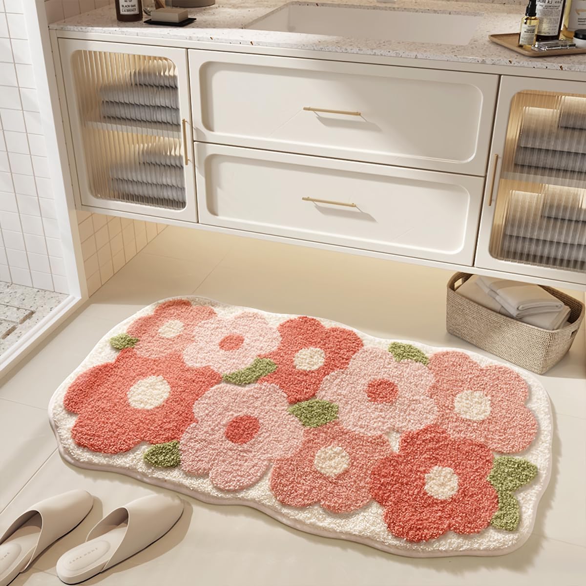 Floral Bathroom Mat Cute Absorbent and Non Slip Bath Rug Machine Washable Bath Rug for Dining Room, Kitchen and Living Room (31"x20", Pink Flowers)