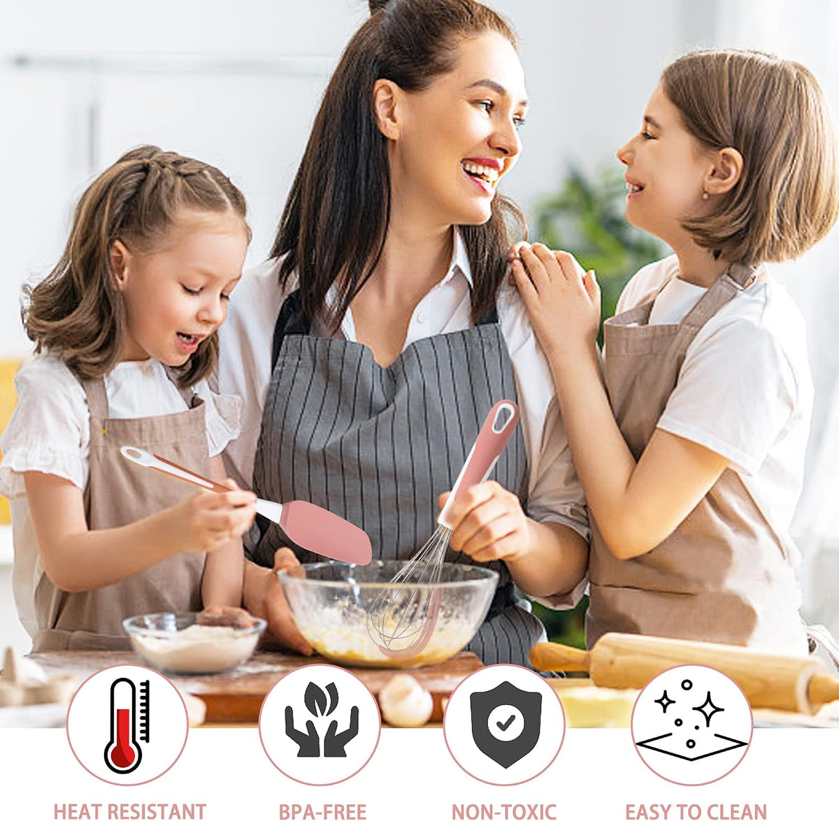 Silicone Spatula Set, 5 Pcs Heat Resistant, Soft & Strong, Nonstick Cookware, Dishwasher Safe (Pink)