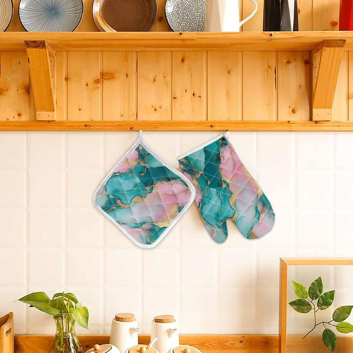 Quilted Cotton Terry Cloth Oven Mitt, Pot Holder Light Pink Green Gold Marble 2-Pack Kitchen Set, Heat insulation, Silicone Grip, Gift Set