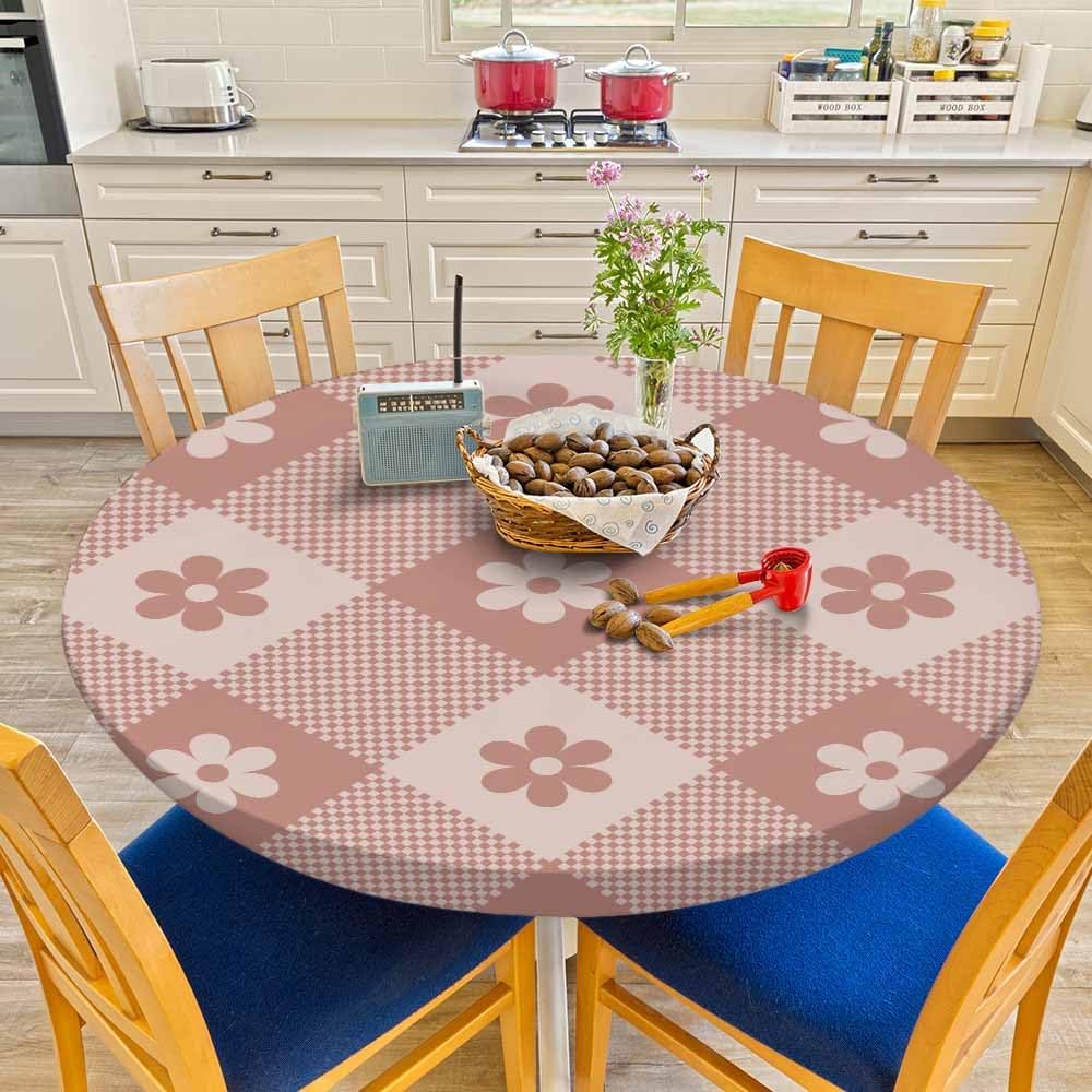 Floral Buffalo Round Fitted Tablecloth Plaid Pixel Pattern Retro Pink Diagonal Stripes Elastic Edge Tablecloth Waterproof Oilcloth Table Cover for 40"-44"