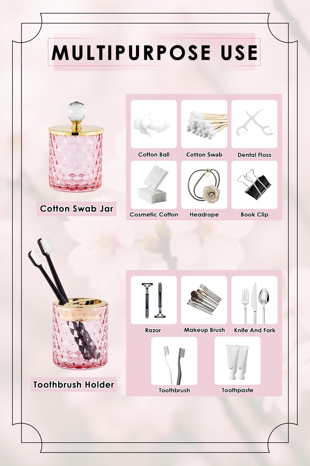 4 Pack Bathroom Accessories, Pink Glass Complete