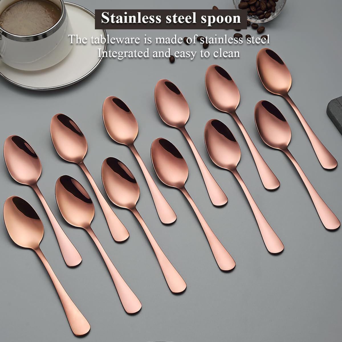 Rose Gold Dinner Spoons 12 Pieces, Rose Gold Titanium Plating Stainless Steel 7.28inch Spoons, Dessert Spoons, Table Spoon, Soup Spoons, Easy To Clean, Dishwasher Safe