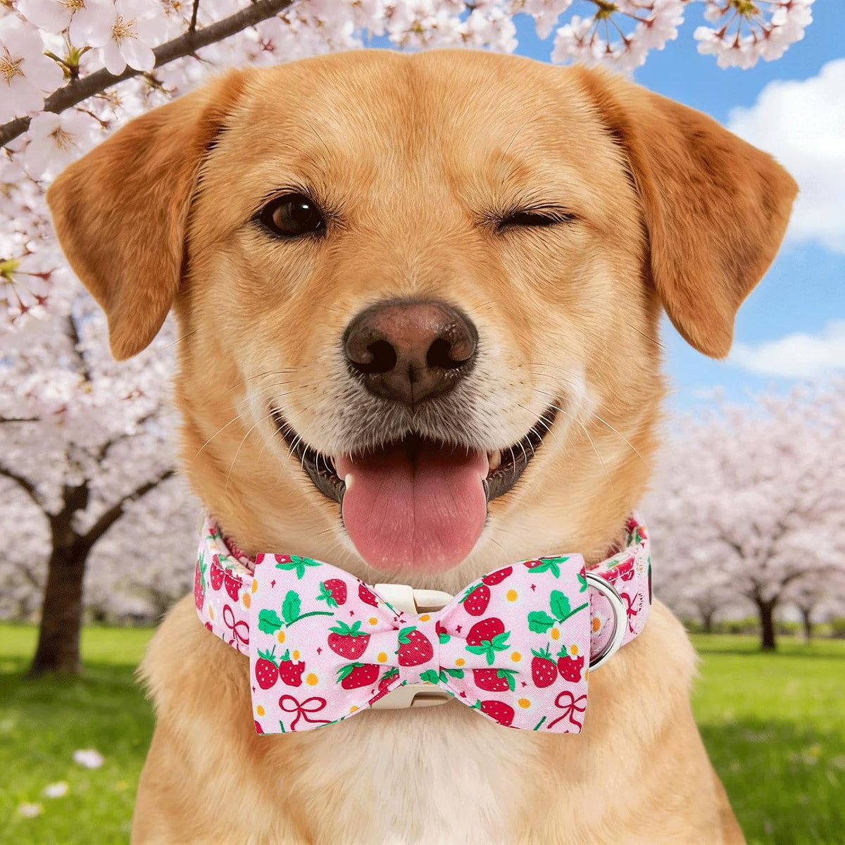 Dog Collars, Spring Red Strawberry Print Cotton Collar Pink Adjustable Light Plastic Buckle Collar with Bow Pet Collar Gift for Small Dogs