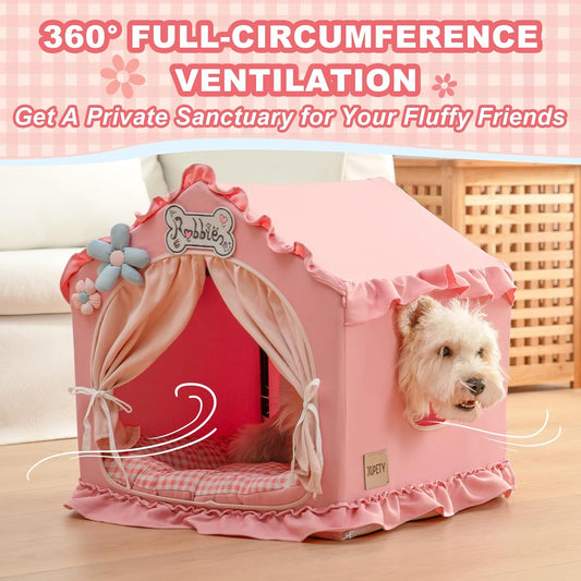 Indoor Dog House with Frame, Cute Dog Tent Bed with Cover Cave, Breathable, Washable, and Foldable House, Suitable for 10-20 Lb Puppy and Cats, Medium (17"×17"×17"), Pink