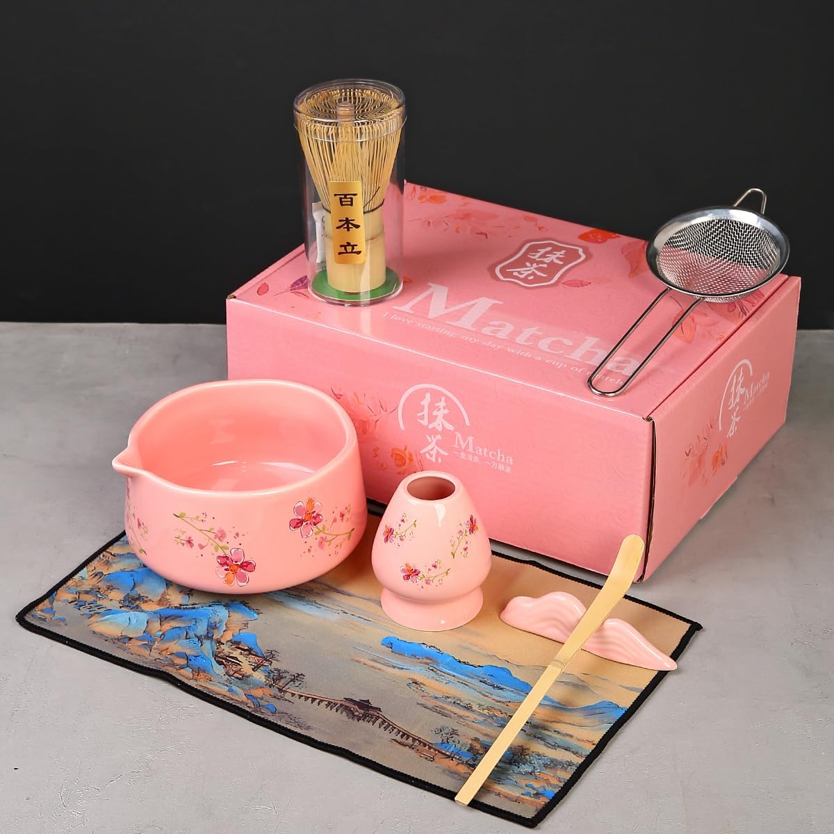 Matcha Set 7-Piece matcha whisk set,matcha kit,matcha set, 1 Scoops, Strainer,1 matcha whisk ,macha whisk set (pink)