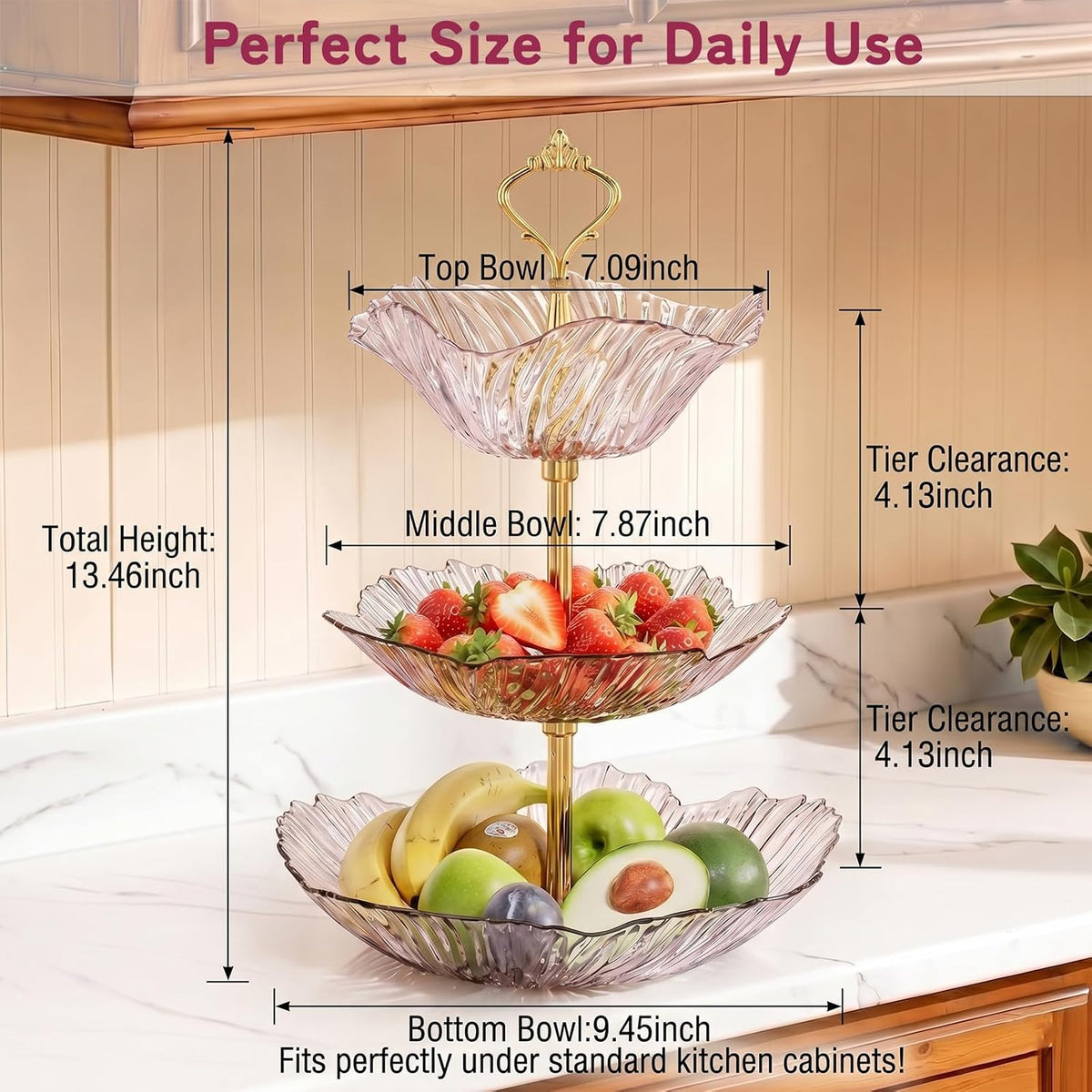 3 Tier Fruit Basket for Kitchen Counter, Light Luxury Acrylic Fruit Bowl Stand, Detachable Tiered Serving Tray for Cupcake, Snack, Cake, Dessert,Cake Stand for Party (Transparent Pink)