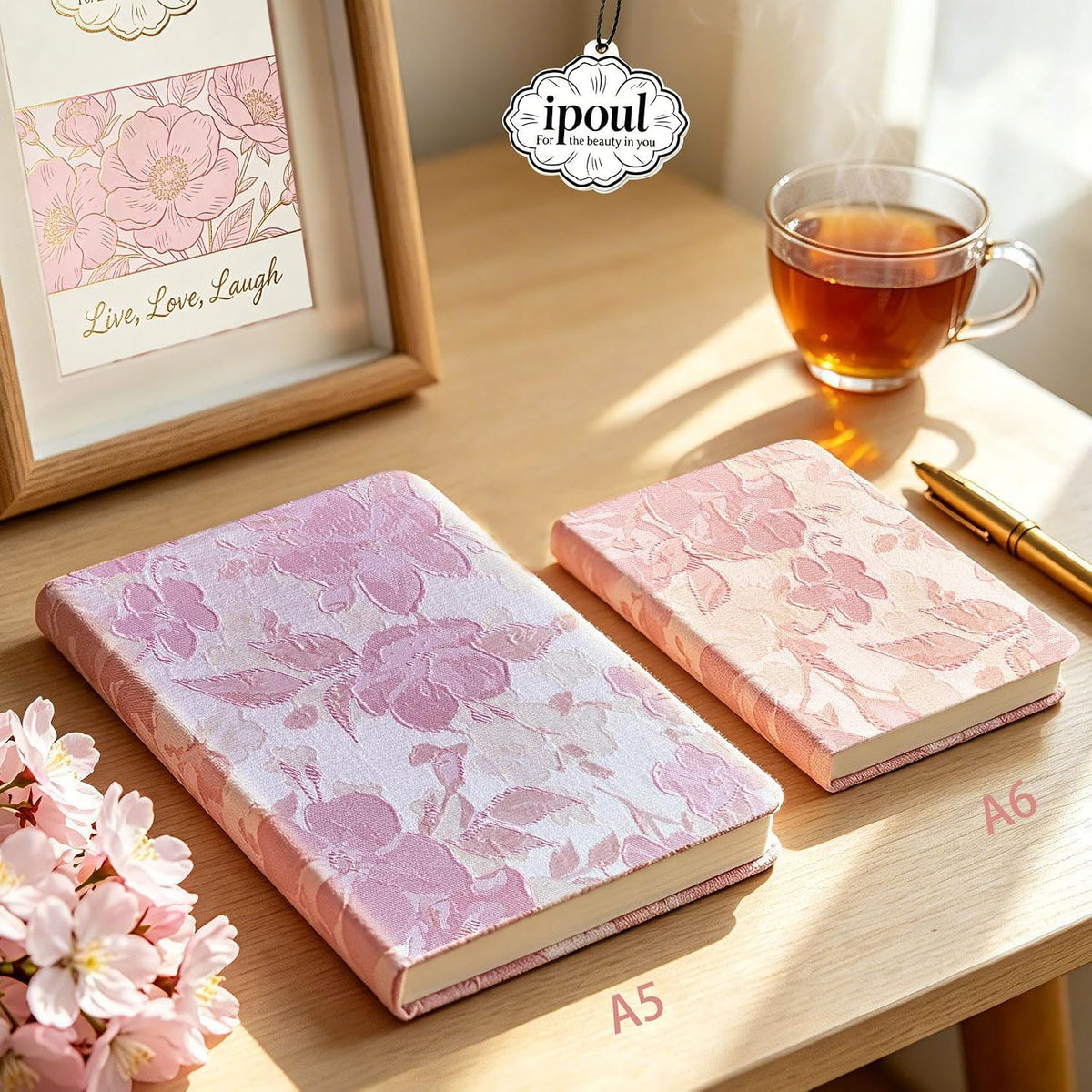 Pink Notebook, A5, Ruled Journal, Hardcover, Lay-flat, Embroidered Flower Journal, Beautiful Journal, Cute Notebooks for Women, Gift for Her, Writing Journal, Gratitude Journal, Peach Blossom