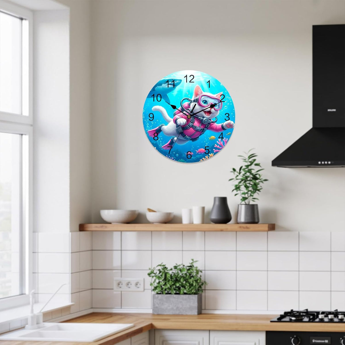 Cute Cat Round Wall Clocks 10 Inch Pink Diving Suit Shark Purple Coral Fish Summer Silent Non-Ticking Battery Operated PVC Clock for Wall Home Decor Kitchen Living Room Bedroom Office