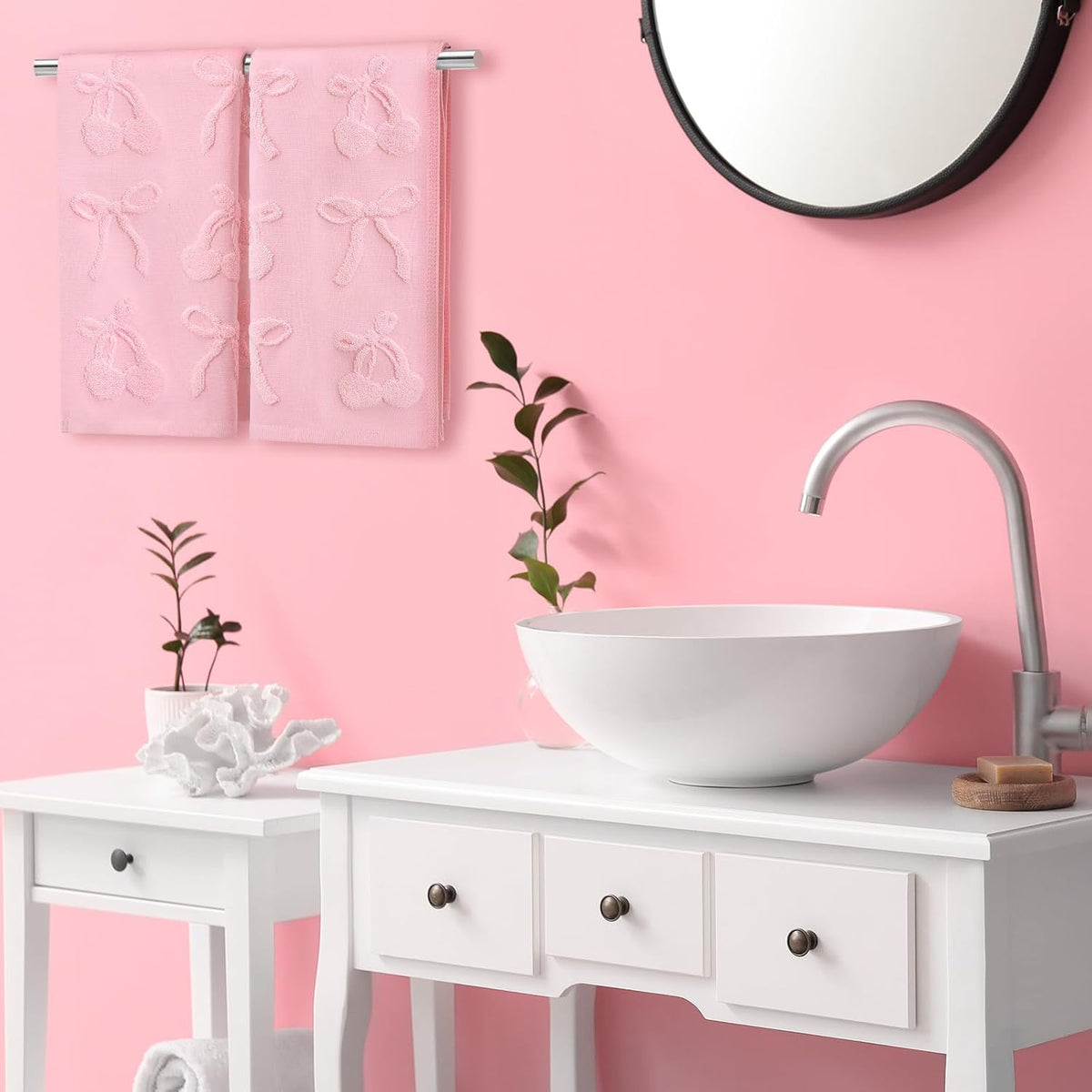 2 Pcs Pink Hand Towels for Bathroom Coquette Decor, 100% Cotton