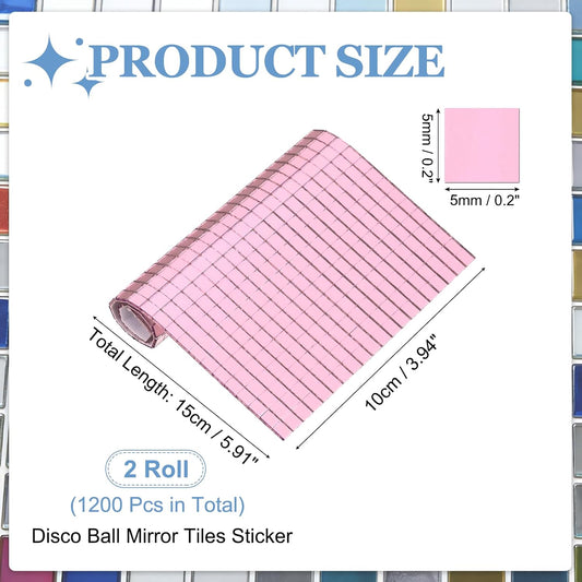 1200 Pcs Mirror Mosaic Tiles 5 x 5 mm Square Glass Self-Adhesive Disco Ball Mirror Tiles Sticker for DIY Craft Decoration Art Collage Card Making, Pink