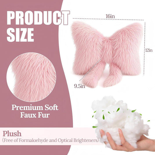 1 Pc Pink Bow Pillow, Plush Faux Fur, 16 x 12 Inch