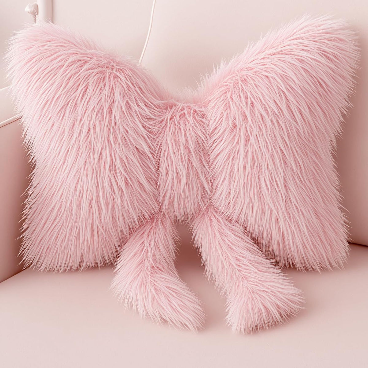 1 Pc Pink Bow Pillow, Plush Faux Fur, 16 x 12 Inch