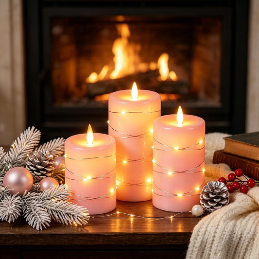 3 Pack Pink Real Wax Flameless Taper Candles, Lifelike Flickering LED Flame Candles with Surrounding Fairy String Lights, Soft Warm Battery Candles with Remote for Home Wedding Party Decor