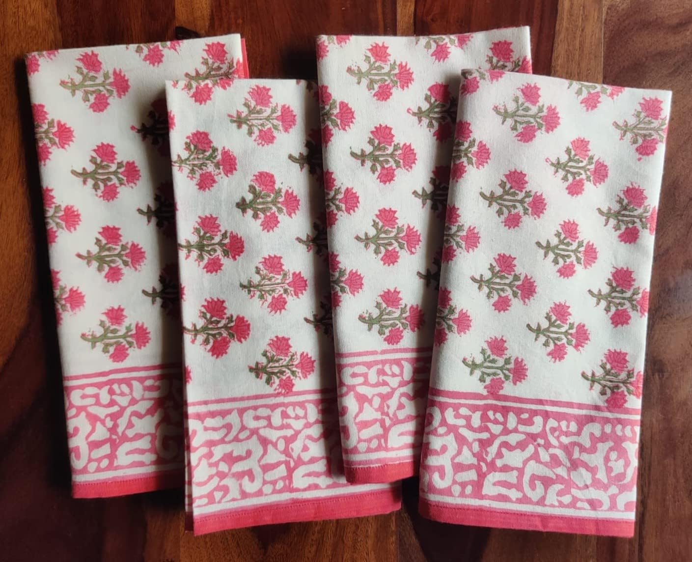 ATOSII Gulbahar White Pink 100% Cotton Cloth Napkins, Handblock Print Designer Table Linen, Perfect for Dinners, Weddings, Cocktail, Kitchen, Thanksgiving/Christmas I 20" X 20" Inches I Set of 4
