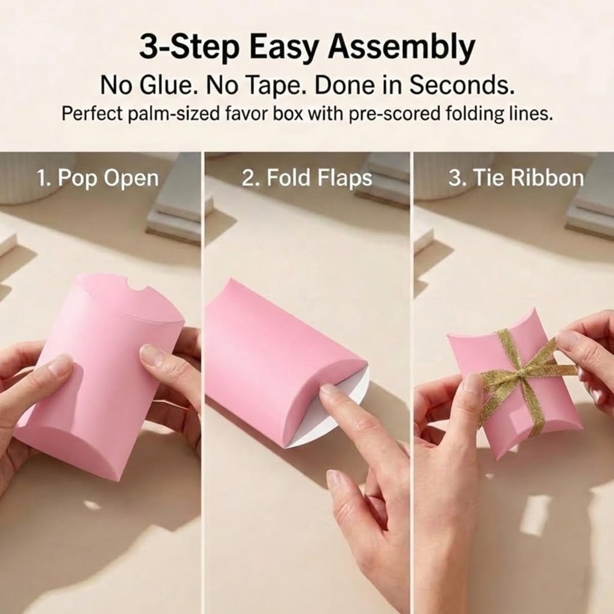 50 Pack Pink Pillow Boxes for Small Business with 2 Ribbon Rolls
