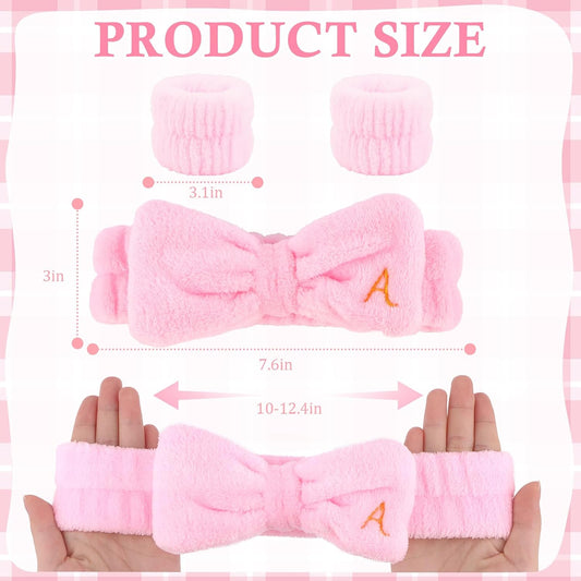 3PCS Spa Headband & Wristbands Set for Women,Letter A Face Wash Headband with Cute Bow,Makeup Skincare Accessories for Facial, Yoga,Gifts(Pink)