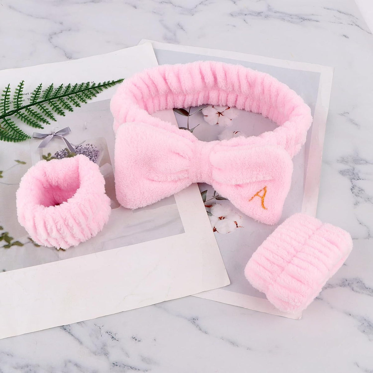 3PCS Spa Headband & Wristbands Set for Women,Letter A Face Wash Headband with Cute Bow,Makeup Skincare Accessories for Facial, Yoga,Gifts(Pink)