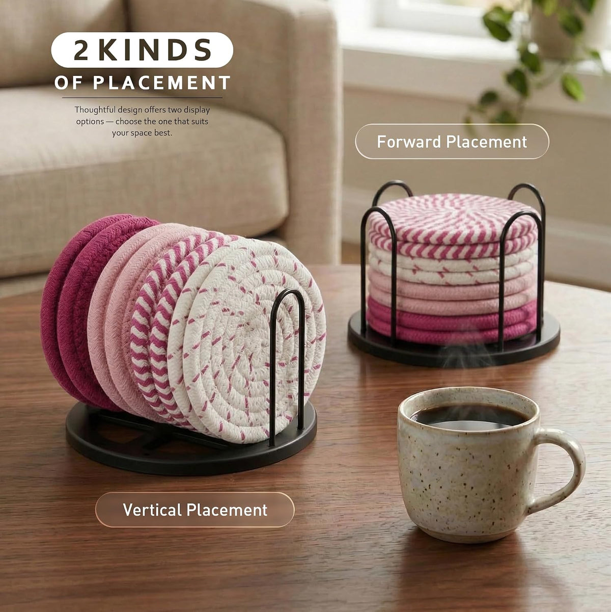 Coasters Set of 8 for Drinks, 4 Inch Large Coasters for Coffee Table, Tabletop Protection for Hot & Cold Drinks, Versatile Coasters for Home Decor, Non-Slip & Easy to Clean, Pink