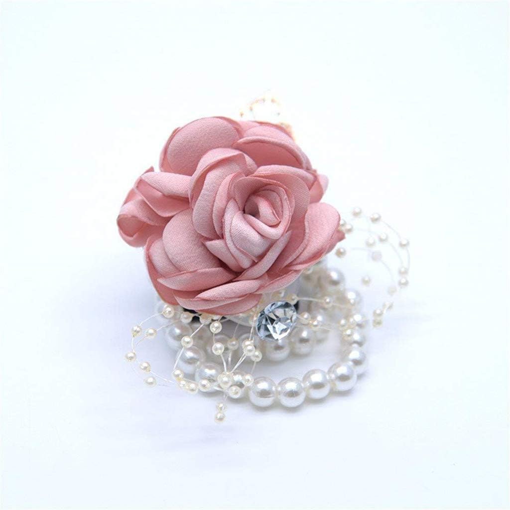 Rose Wedding Wrist Corsage and Boutonniere Set Party Prom Hand Ribbon Flower Suit Decor (Champagne Pink)