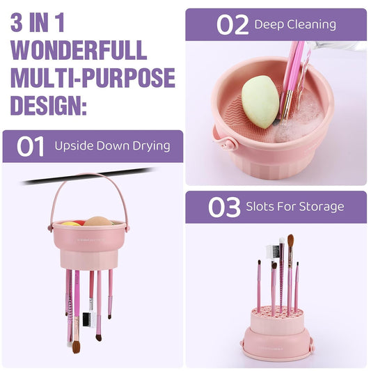 3 in 1 Silicone Makeup Brush Cleaner Bowl Makeup Brush Cleaner Mat(Pink)