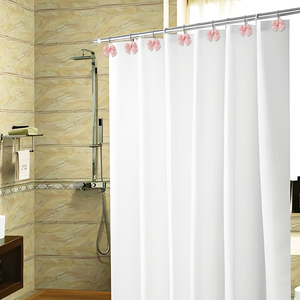 12pcs Decorative Shower Curtain Hooks Rust Proof Metal Shower Curtain Rings Pink Bow Knot Resin Curtain Hooks Shower Rings for Bathroom Baby Room Nursery Art Decors