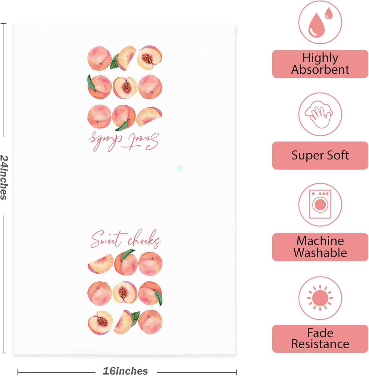Watercolor Peach Kitchen Towels,16x24 Inches Set of 2,Sweet Cheeks Pink Calligraphy Farmhouse Dish Towels for Summer Home Bathroom Kitchen.(036)