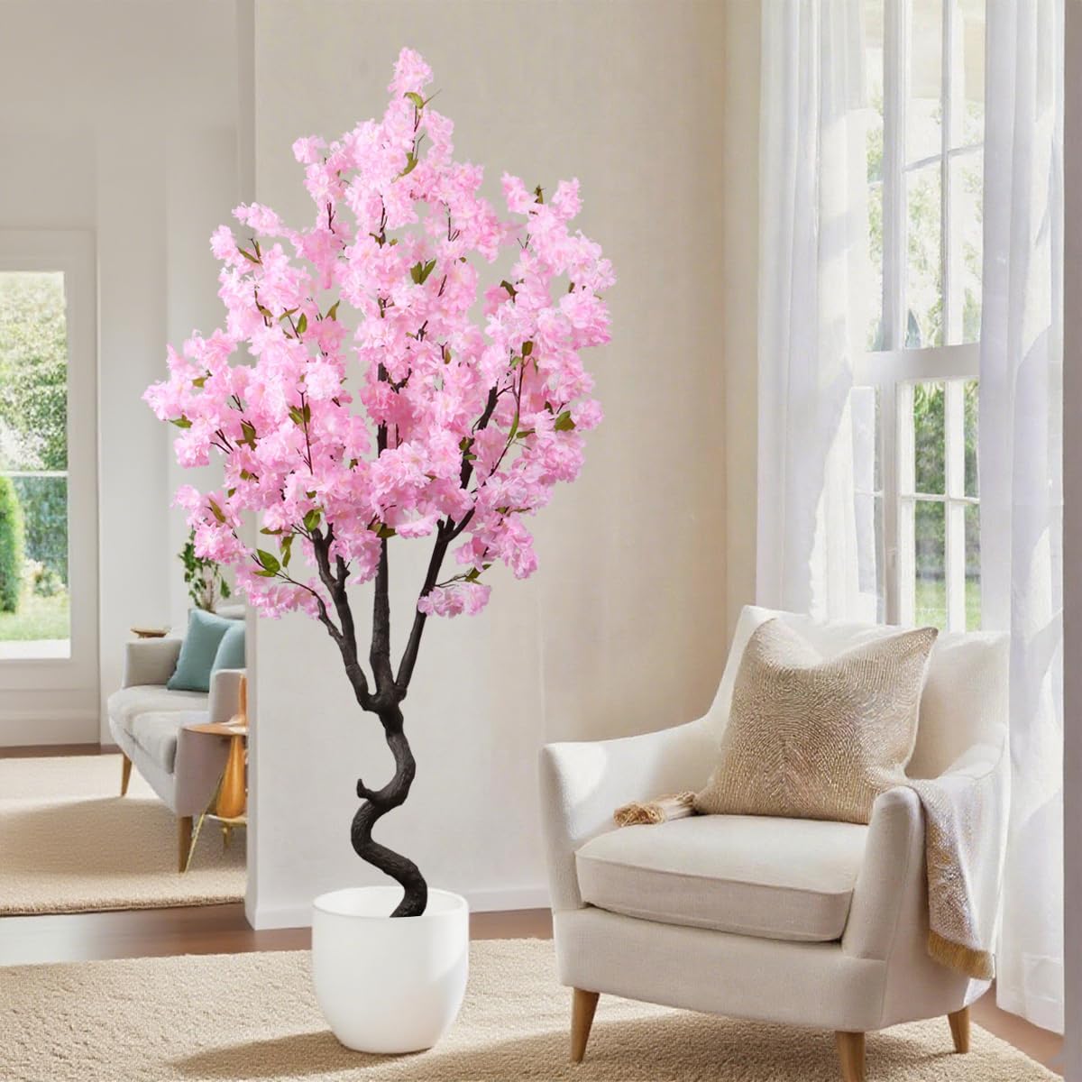 Artificial Pink Cherry Blossom Tree Fake Tree Cherry Blossom Decor Fake Flowers Faux Flowering Tree Pink Flowers Floral Artificial Plants for Indoors Outdoors Room Home Decor Gift 6FT