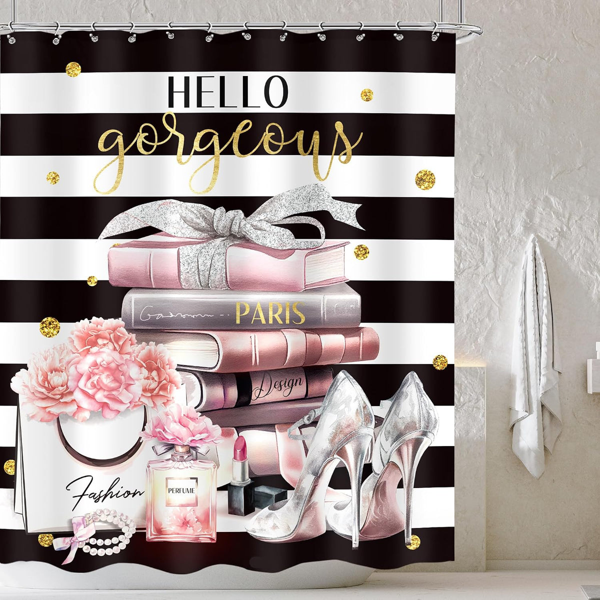 Black Pink Fashion Black White Girly Girls Bathroom Shower Curtain Set
