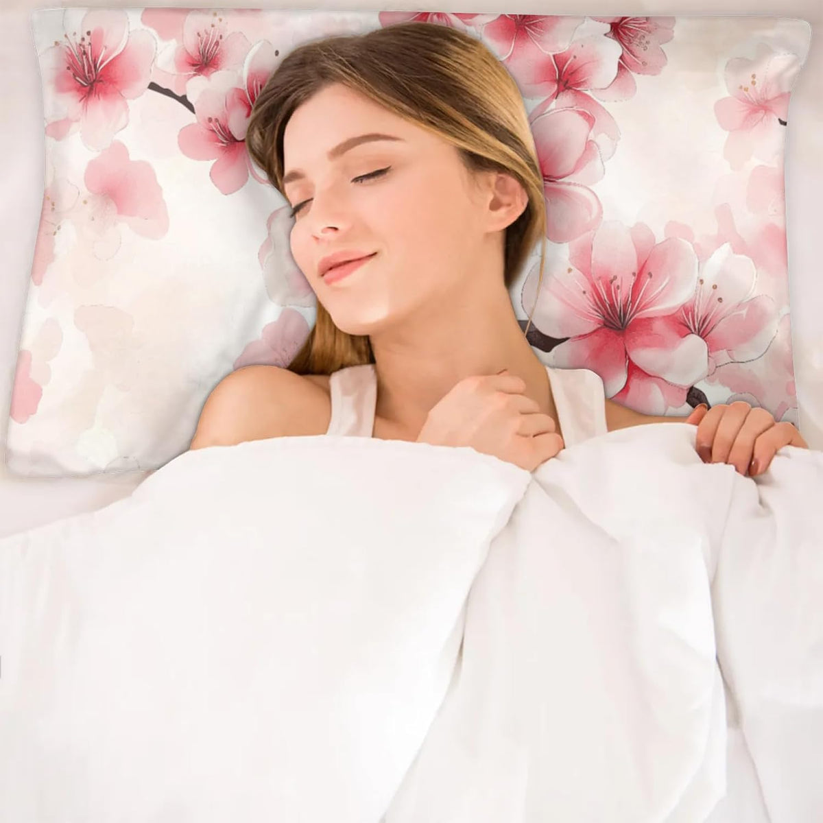 Pink Peach Blossom Satin Pillowcase for Hair and Skin Blossoms Flower Pillow Cases Standard Size Soft Cooling Satin Pillow Covers with Zipper for Men Women 20x26 Inches