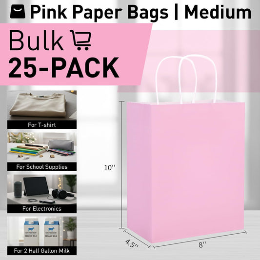 25 Pack Pink Gift Bags with Handles – 8x4.5x10 Medium Bags for Shopping, Retail, DIY, Wedding, Party Favors & Special Occasions