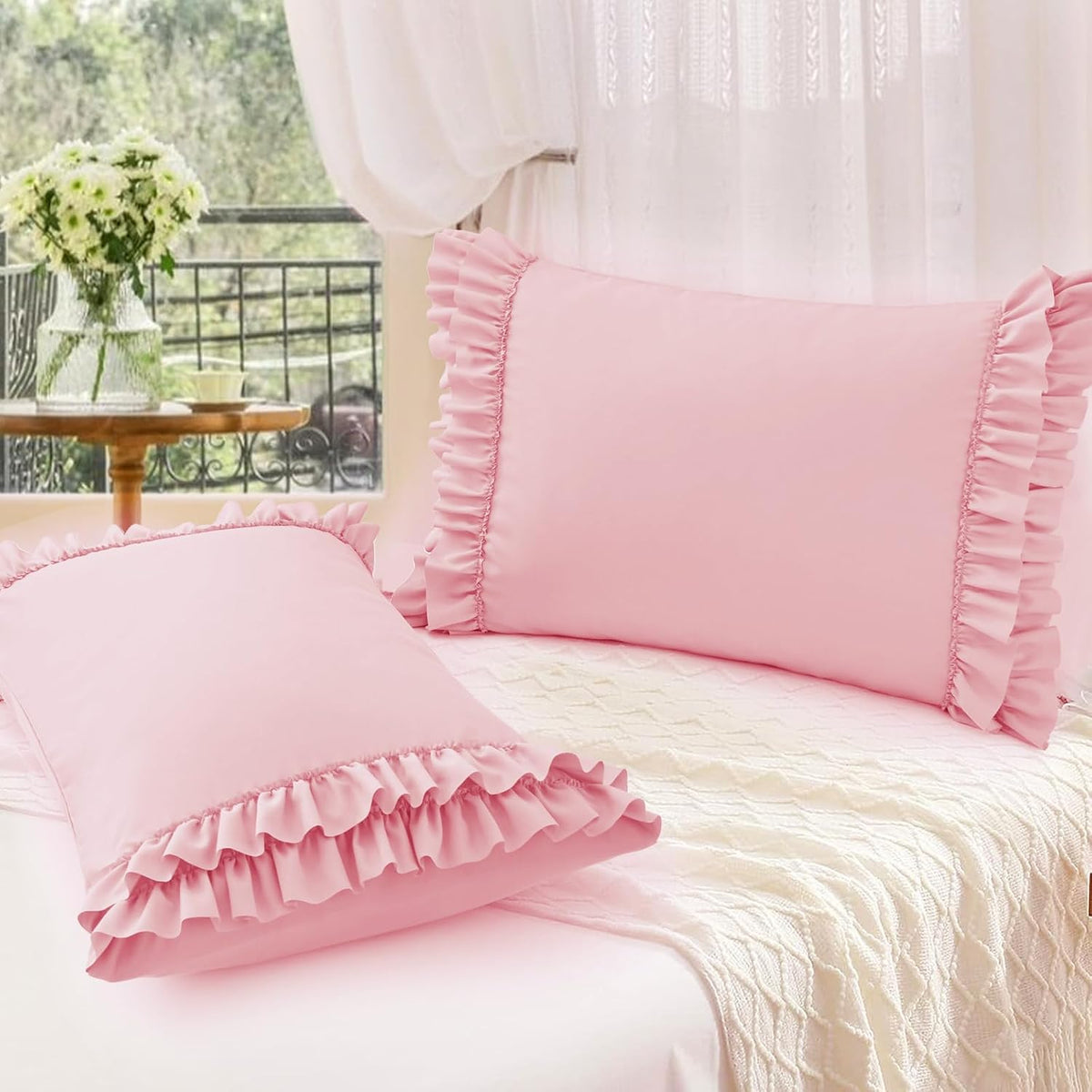 Ruffled Pillow Cases Set of 2, Standard 20x26 Inches, Pink