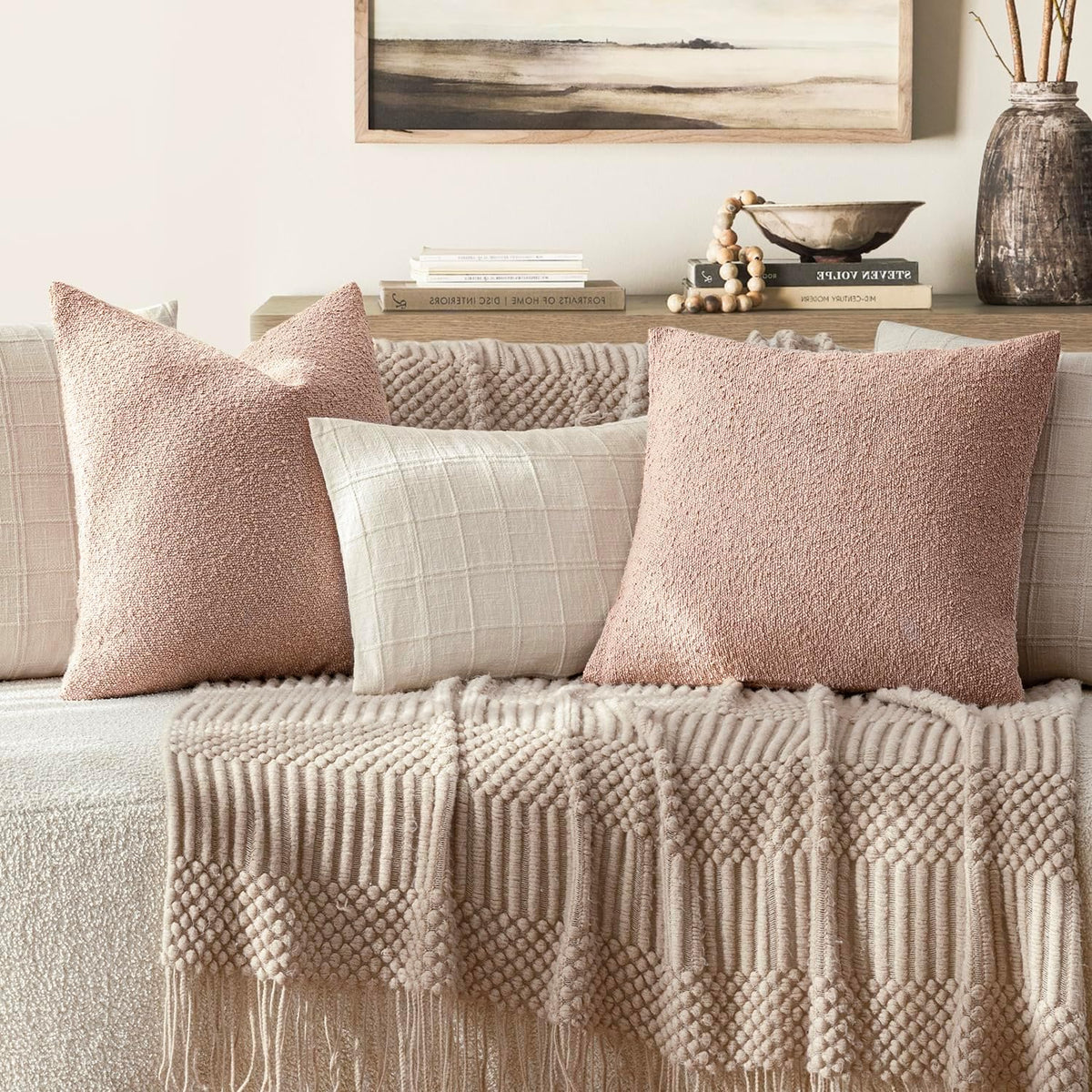 Decorative Textured Boucle Throw Pillow Covers 18x18 Light Pink