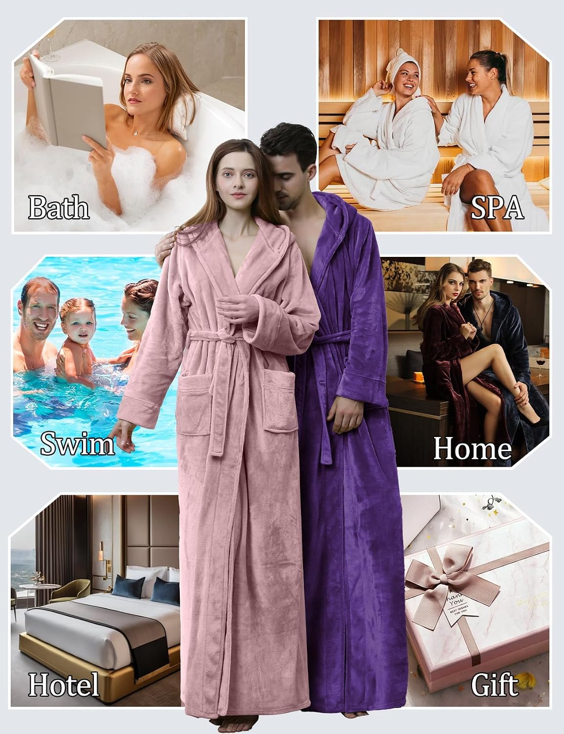 Womens Fluffy Plush Long Hooded Robe Full Length Fleece Bathrobe