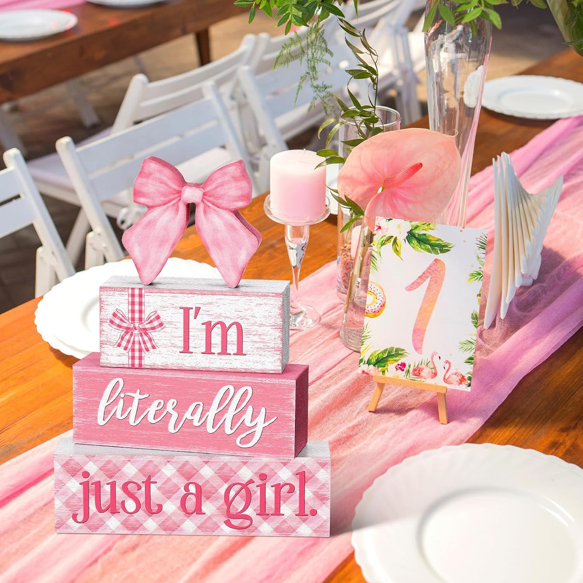 Pink Bow Stacked Wooden Block Signs Coquette Room Decor