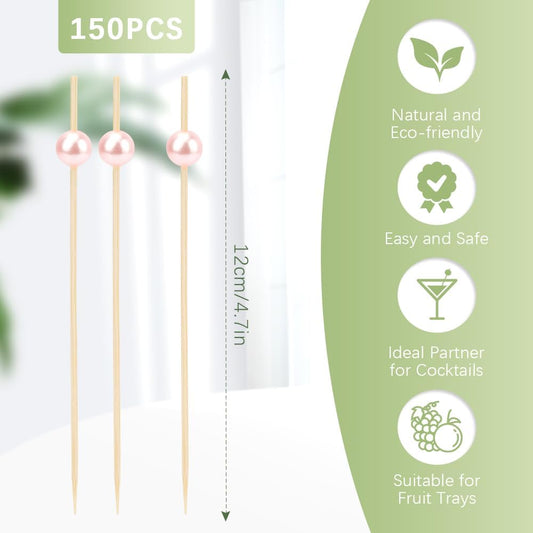 Cocktail Picks Valentine's Day Toothpicks 150PCS Pink Pearl Toothpicks for Appetizers 4.7in Cocktail Toothpicks for Drinks Tooth Picks Wooden Long Toothpicks Bamboo Skewers for Appetizers