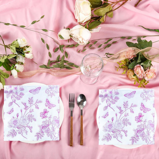 50Pcs Pink Floral Paper Cocktail Napkins Pink and White Floral Napkins Vintage Bouquet Flowers Napkins Pink Floral Dessert Napkins For Bridal Shower, Tea Party, Garden Party, Birthday Party Supplies