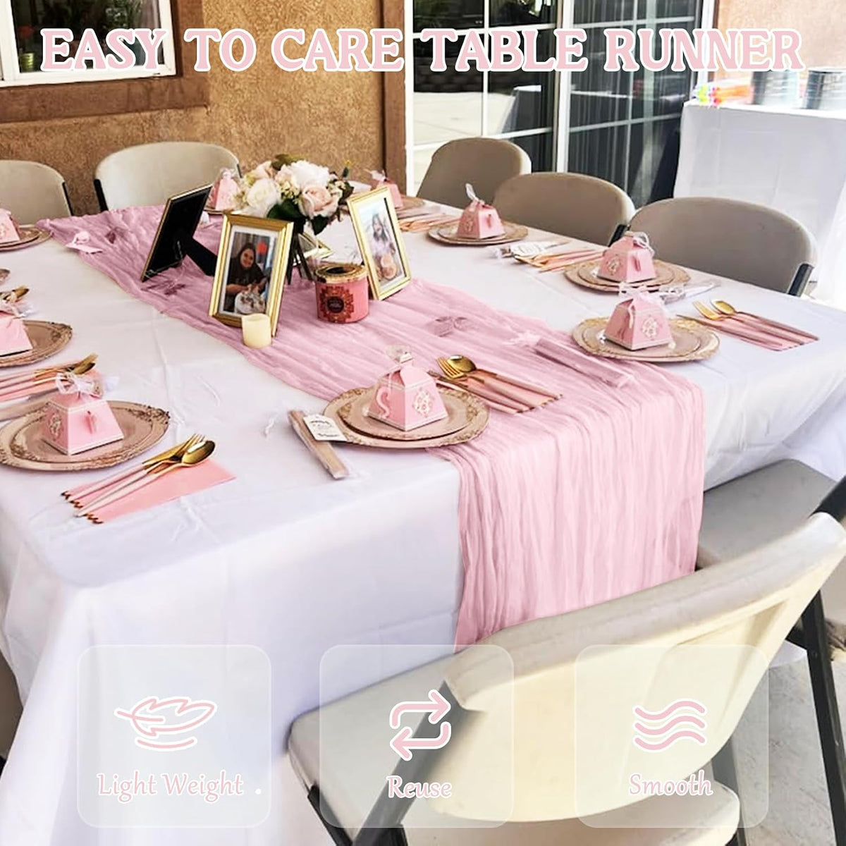 2 Pack 120 Inch Pink Cheesecloth Table Runner Boho Rustic Gauze Sheer Romantic 10 FT Long Cheese Cloth Table Runner for Bridal Baby Shower Wedding Party Birthday Holiday Home Easter Decor