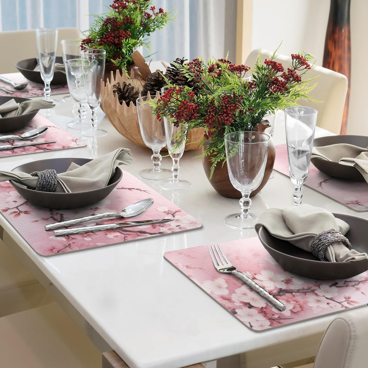 Faux Leather Placemats Set of 4,Pink Cherry Flowers Blossoms PU Placemat for Ding Table Easy to Clean Wipeable Waterproof Non-Slip Table Place Mats for Kitchen or Outdoor,12 * 17 Inch