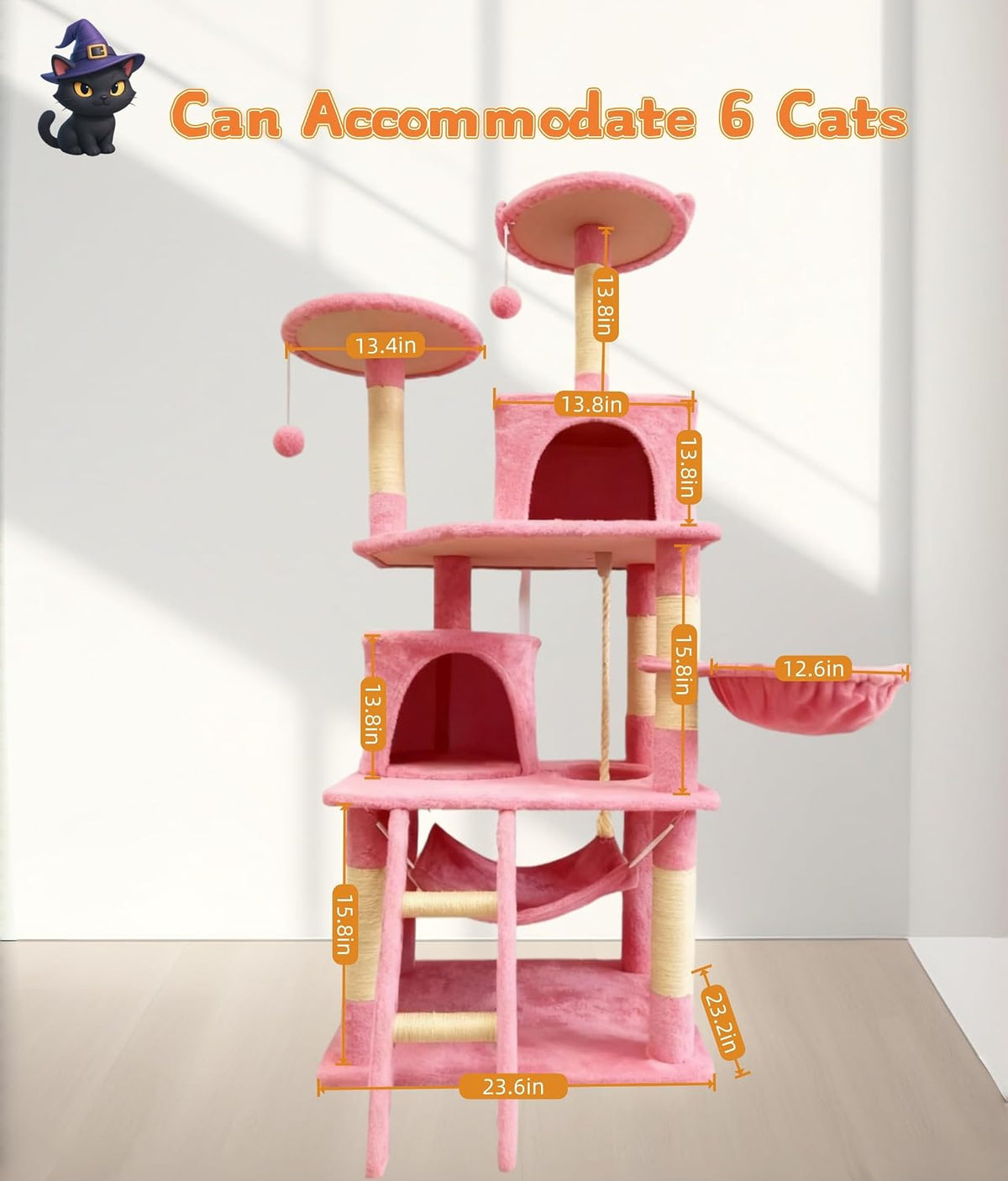 61in Cat Tree Tower for Indoor Cats with Cozy Basket & Hammock