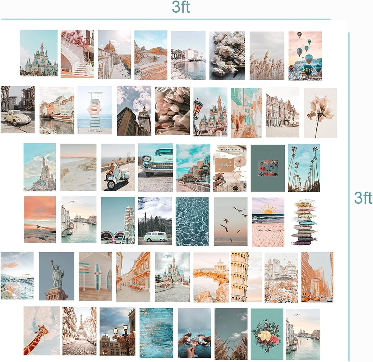 Peach Teal Wall Collage Kit Aesthetic Pictures, 50Pcs 4 x 6 Inch Blue Aesthetic Picture, Summer Beach Collage Print Kit, Trendy Cute Posters Photo Collage Kit for Dorm Bedroom Decor
