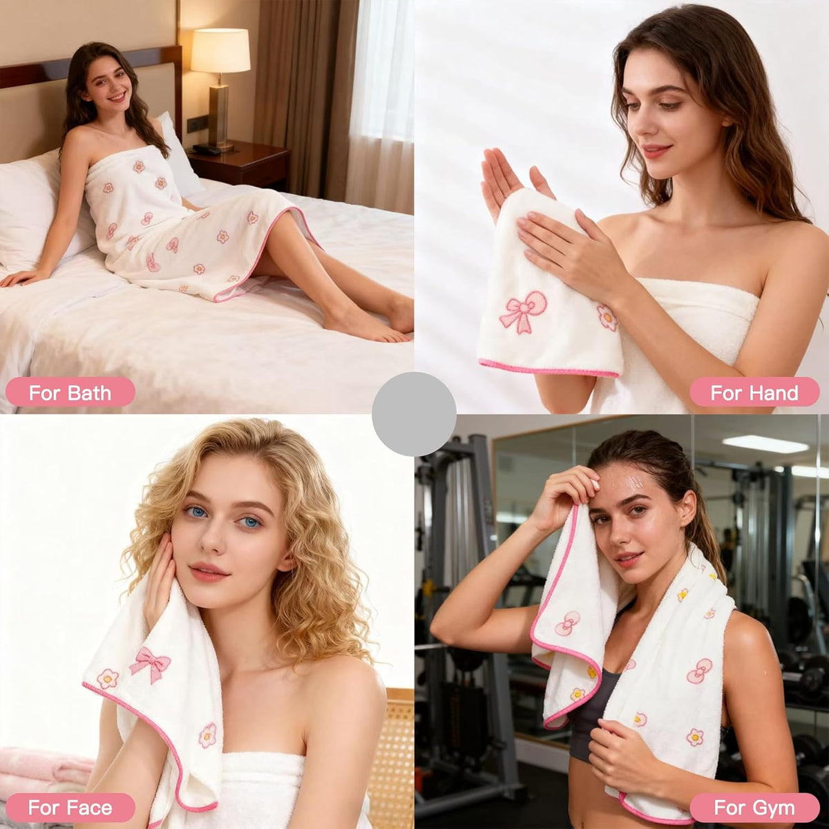 Pink Bath Towels,Soft, Absorbent and Quick Drying Microfiber Bath Towels Set of 2 ,27.5x55 inch Bow Patterned Bath Towel and 13.7x29.5 inch Hand Towel, Suitable for bathrooms, Gyms, Swimming Pools