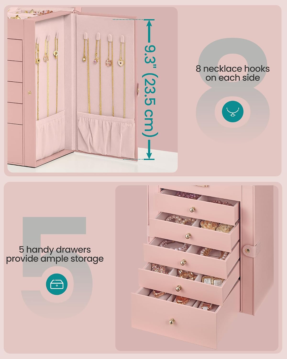 SONGMICS 6-Layer Jewelry Box Organizer with 5 Drawers, Lock and Mirror