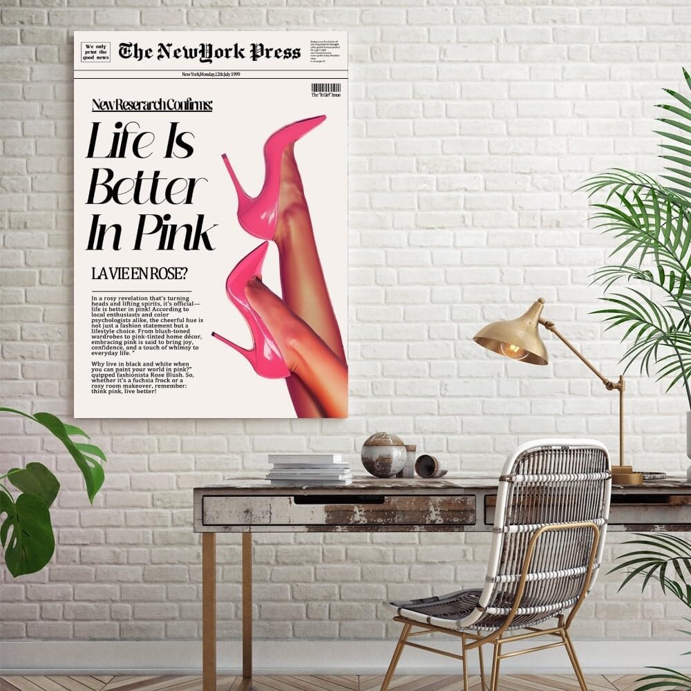 Trendy Pink Posters News Newspaper Wall Art Canvas Prints 70s Life Is Better in Pink Hot Girly Preppy Aesthetic Poster for Cool Girl Bedroom Apartment Room Home Dorm Wall Decor 8x12inch Unframed