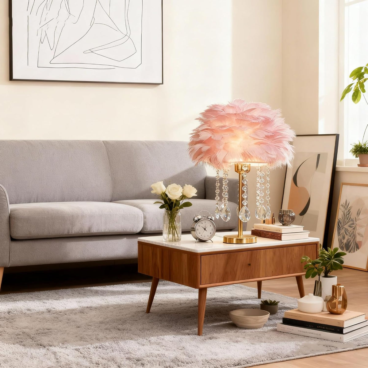 Pink Feather Lamp Cute Romantic Goose Feather Table Lamp Furry Nightstand Light with Gold Base and Crystal, Bedside Lamp for Girl Bedroom Wedding Living Room Hotel Decorative