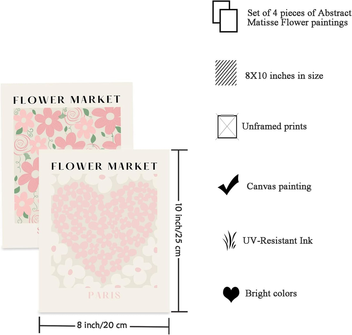 Flower Market Print Wall Art - Pink Tulip Floral Abstract Matisse Decor, Aesthetic Pastel Prints Posters for Room Decor, 8x10 in Unframed