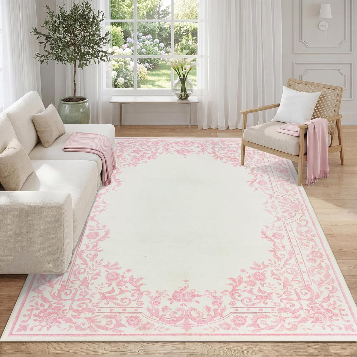 Washable 5x7 Rugs for Girls Bedroom, French Retro Non Slip Pink Rug